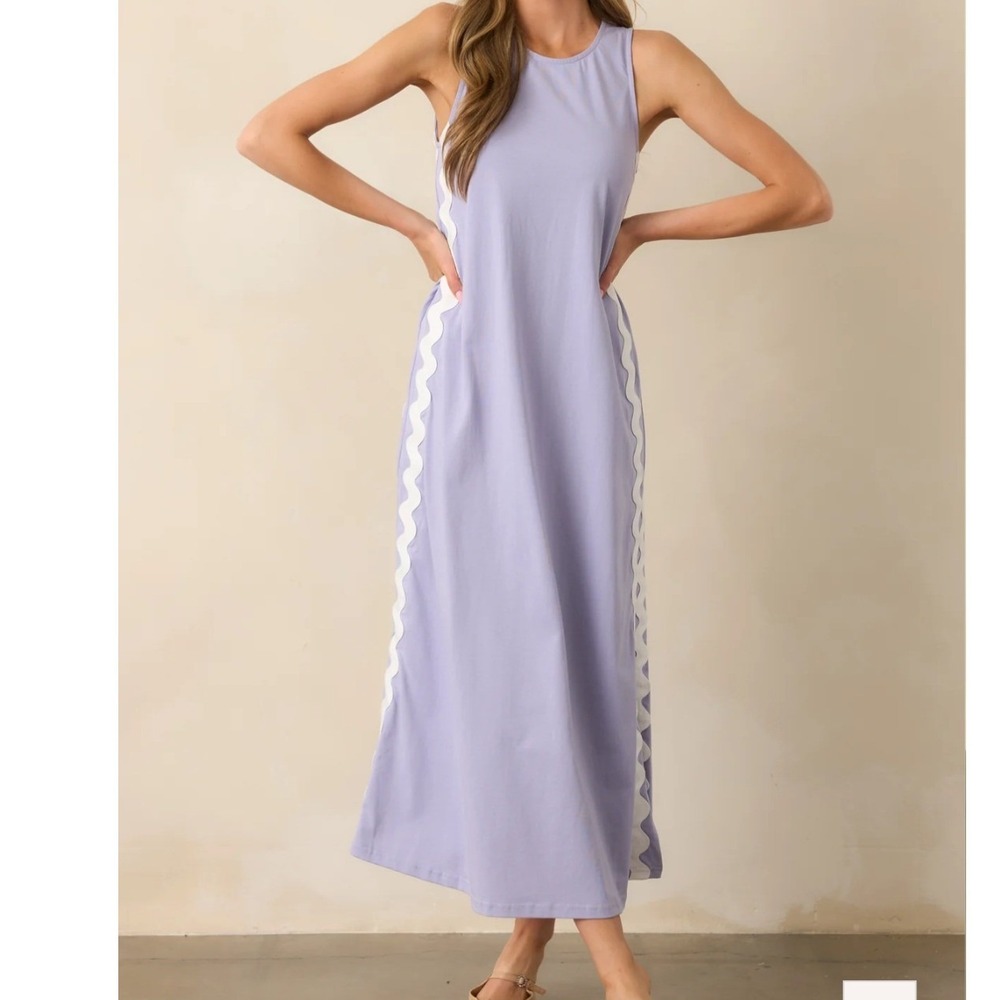 Prosperina Lavender 100% Cotton Maxi Dress Ric Rac Trim Sleeveless NEW Resort Sm